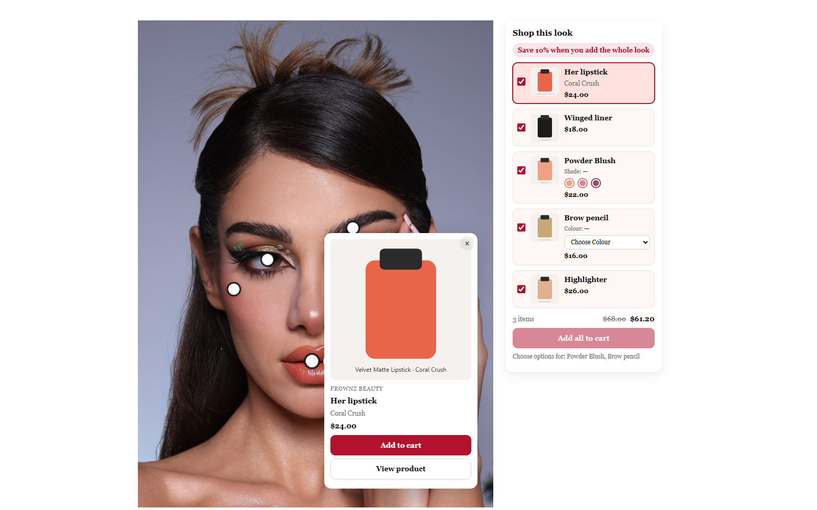 Dotshop on a storefront: a photo with hotspots and an open product popup