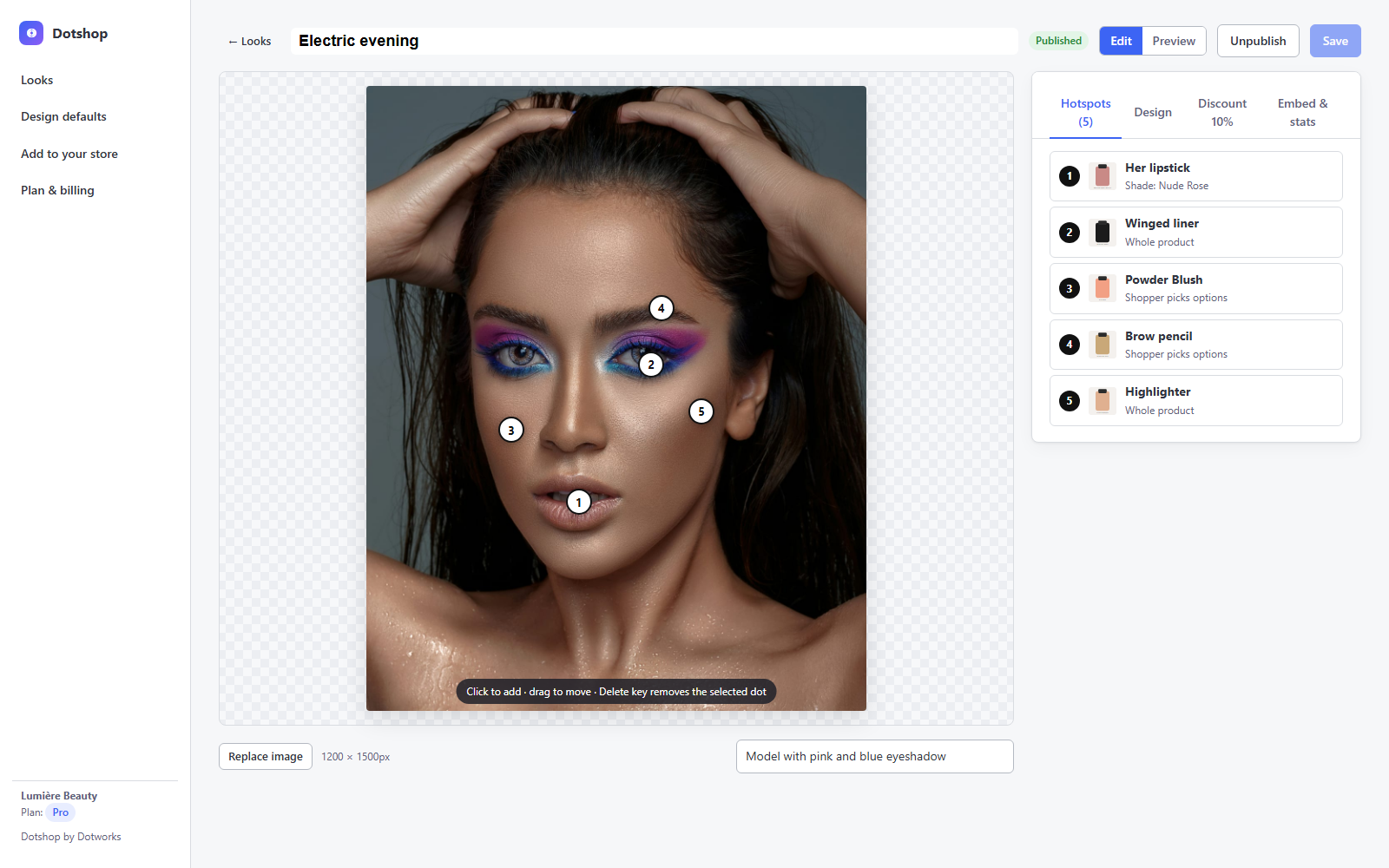 The Dotshop editor with five numbered hotspots on a photo and the product list on the right